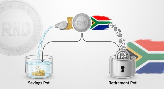 A visual representation of the two-pot retirement system, with a single stream of funds dividing into two separate pots: a smaller, accessible 'Savings Pot' and a larger, secure 'Retirement Pot', set against a backdrop with subtle South African design elements.