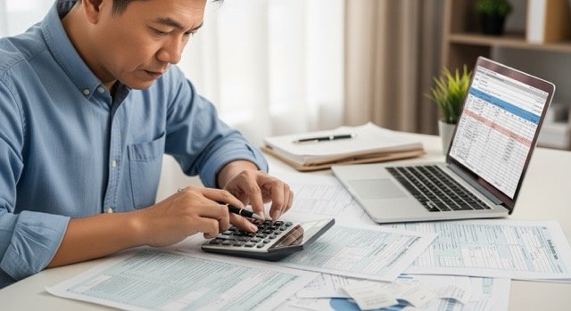 A man sits at his desk using a calculator to fill out income tax forms. A laptop displaying a spreadsheet is open next to him, illustrating the process of calculating earnings and taxes.
