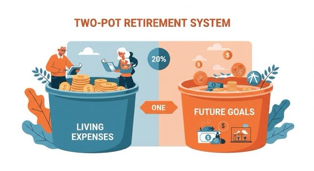 A visual representation of the two-pot retirement system, showing two separate pots of money for retirement savings.
